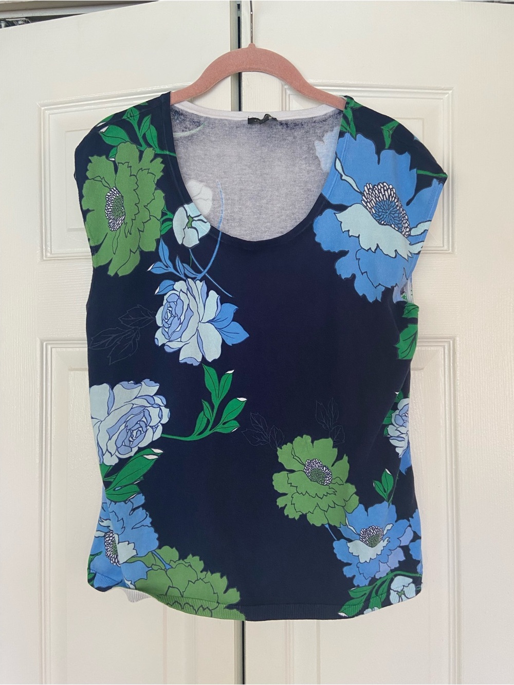Talbots Navy Floral Scoop Neck Tank Top with Blue & Green Blooms